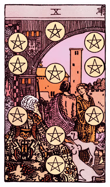 Ten of Pentacles Tarot Card - Minor Arcana in daily guidance, depicting prosperous family gathering symbolizing lasting wealth and generational legacy in tarot reading.
