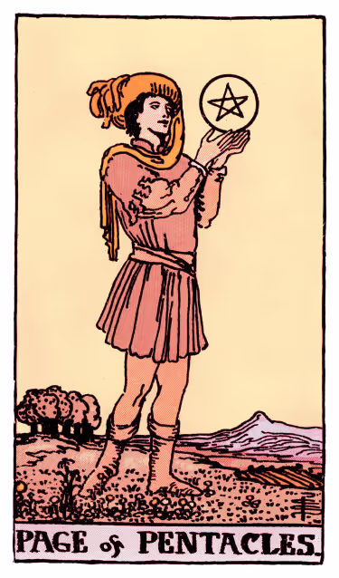 Page of Pentacles Tarot Card - Minor Arcana in daily guidance, depicting youthful figure contemplating golden coin symbolizing new opportunities and practical learning in tarot reading.