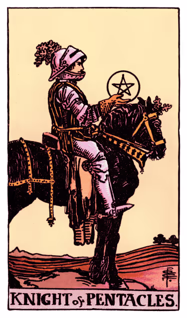 Knight of Pentacles Tarot Card - Minor Arcana in daily guidance, depicting armored rider on steady steed symbolizing methodical progress and reliable dedication in tarot reading.