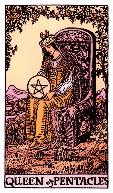 Queen of Pentacles Tarot Card - Minor Arcana in daily guidance, depicting nurturing queen in lush garden symbolizing abundant wisdom and grounded prosperity in tarot reading.
