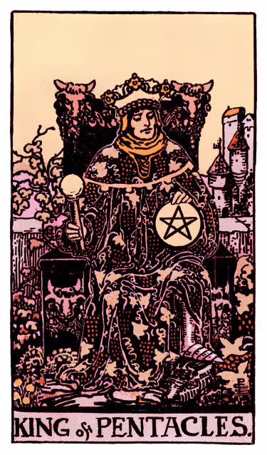 King of Pentacles Tarot Card - Minor Arcana in daily guidance, depicting prosperous monarch on ornate throne symbolizing material mastery and abundant leadership in tarot reading.