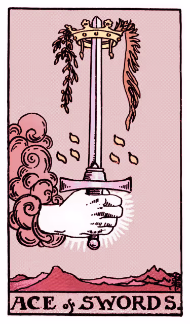 Ace of Swords Tarot Card - Minor Arcana in daily guidance, depicting crowned sword piercing clouds symbolizing mental clarity and breakthrough insights in tarot reading.