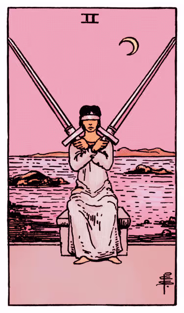 Two of Swords Tarot Card - Minor Arcana in daily guidance, depicting blindfolded figure with crossed swords symbolizing balanced decision and inner peace in tarot reading.