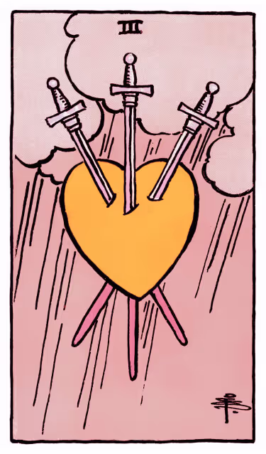 Three of Swords Tarot Card - Minor Arcana in daily guidance, depicting heart pierced by three swords symbolizing emotional pain and healing transformation in tarot reading.
