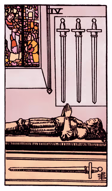 Four of Swords Tarot Card - Minor Arcana in daily guidance, depicting resting knight on tomb symbolizing mental rest and peaceful recuperation in tarot reading.
