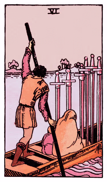 Six of Swords Tarot Card - Minor Arcana in daily guidance, depicting figures in boat crossing waters symbolizing peaceful transition and emotional journey in tarot reading.