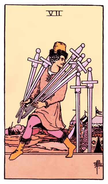 Seven of Swords Tarot Card - Minor Arcana in daily guidance, depicting figure carrying swords away symbolizing strategic thinking and careful discernment in tarot reading.