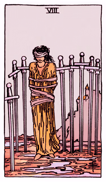 Eight of Swords Tarot Card - Minor Arcana in daily guidance, depicting blindfolded figure among swords symbolizing mental limitations and potential liberation in tarot reading.