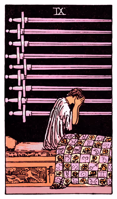 Nine of Swords Tarot Card - Minor Arcana in daily guidance, depicting figure in distress sitting upright symbolizing anxiety and emotional healing in tarot reading.