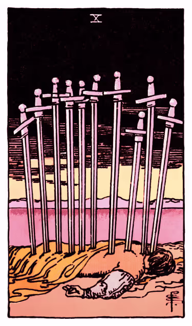 Ten of Swords Tarot Card - Minor Arcana in daily guidance, depicting figure under ten swords symbolizing difficult endings and transformative renewal in tarot reading.