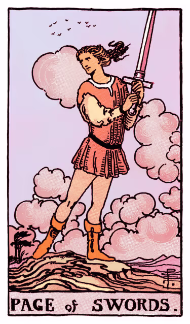 Page of Swords Tarot Card - Minor Arcana in daily guidance, depicting youthful figure with upraised sword symbolizing intellectual curiosity and clear communication in tarot reading.