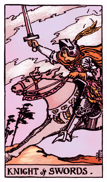 Knight of Swords Tarot Card - Minor Arcana in daily guidance, depicting mounted warrior charging with sword symbolizing swift action and determined pursuit in tarot reading.