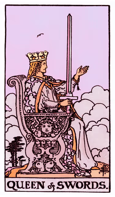 Queen of Swords Tarot Card - Minor Arcana in daily guidance, depicting enthroned queen with upright sword symbolizing clear perception and intellectual wisdom in tarot reading.