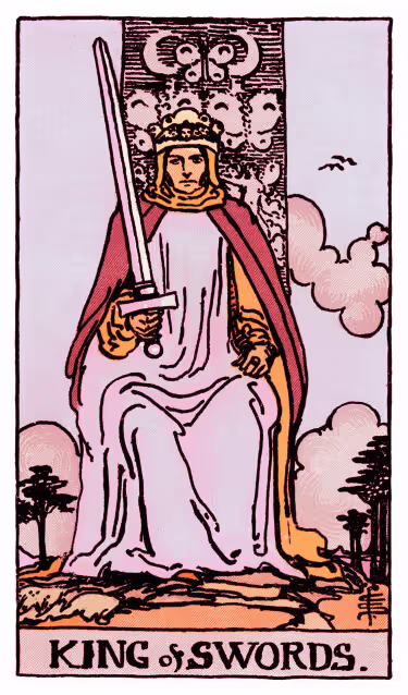 King of Swords Tarot Card - Minor Arcana in daily guidance, depicting enthroned monarch with raised sword symbolizing intellectual authority and ethical leadership in tarot reading.