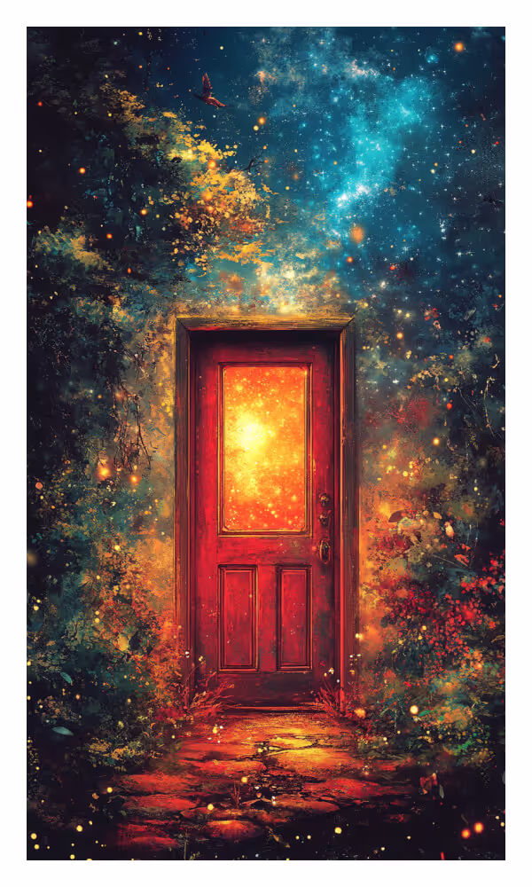 The Door Universe Card - A vibrant red door glowing with light, symbolizing opportunity and transformation. Represents new beginnings and divine guidance.
