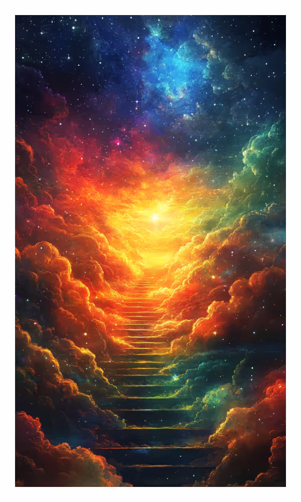The Rainbow Universe Card - A vibrant stairway of light leading through clouds, symbolizing blessings, fulfilled wishes, and divine grace in life's journey.