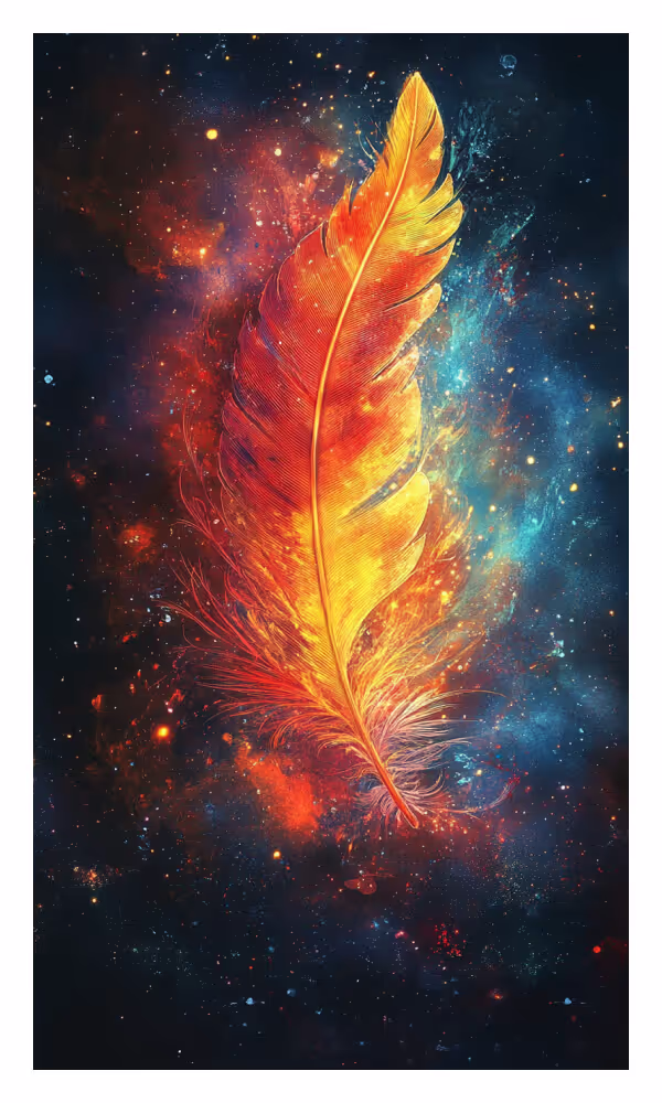 The Feather Universe Card - A radiant feather glowing in cosmic light, symbolizing angelic guidance, spiritual connection, and divine support on life's journey.