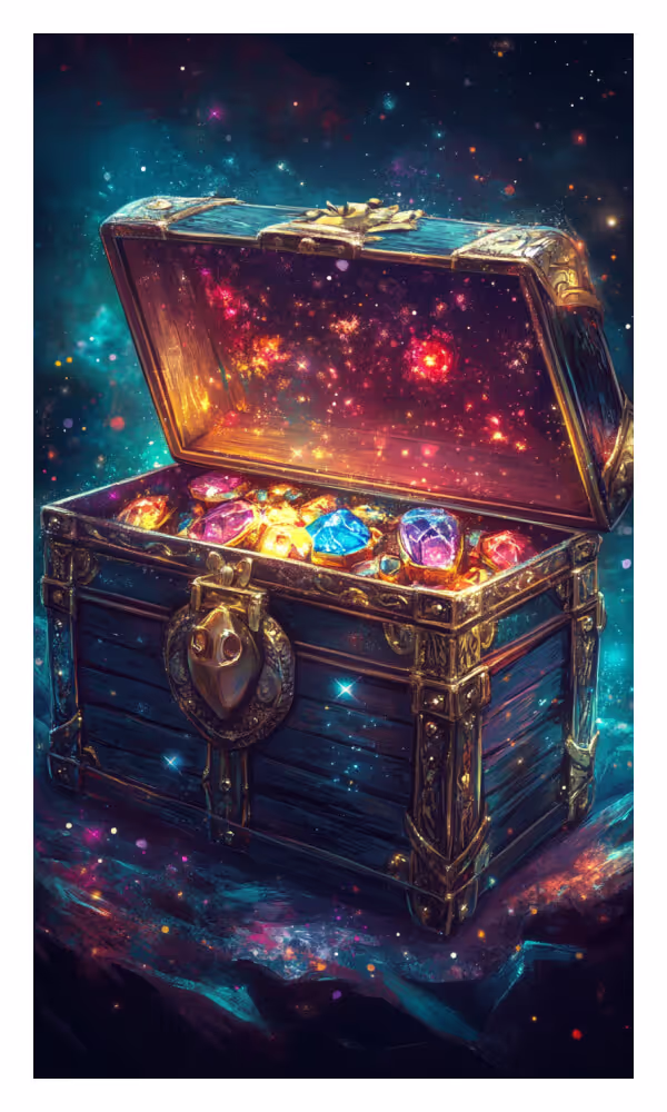 The Treasure Universe Card - A celestial treasure chest filled with glowing gems, symbolizing abundance, prosperity, and the infinite blessings of the Universe.