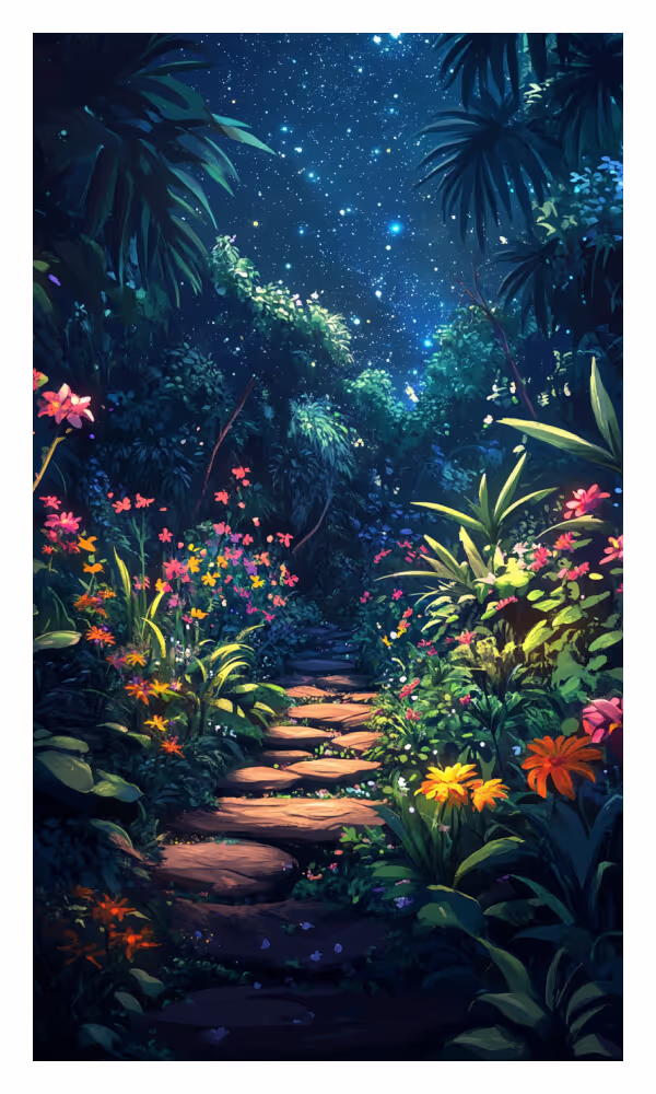 The Garden Universe Card - A serene garden path under a starlit sky, symbolizing growth, nurturing, and the blossoming of dreams through divine care.