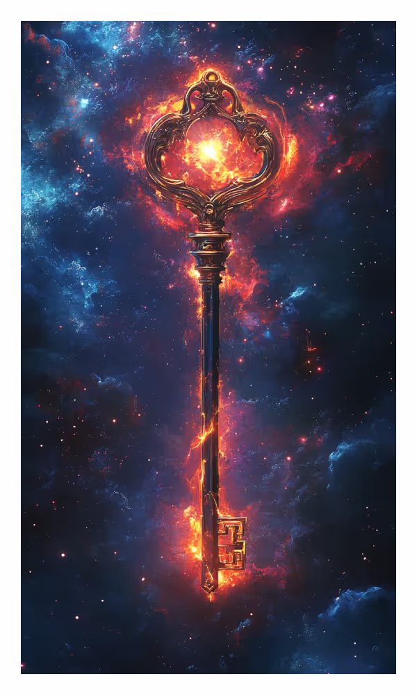 The Key Universe Card - A glowing celestial key surrounded by cosmic energy, symbolizing divine wisdom, hidden truths, and unlocking spiritual potential.