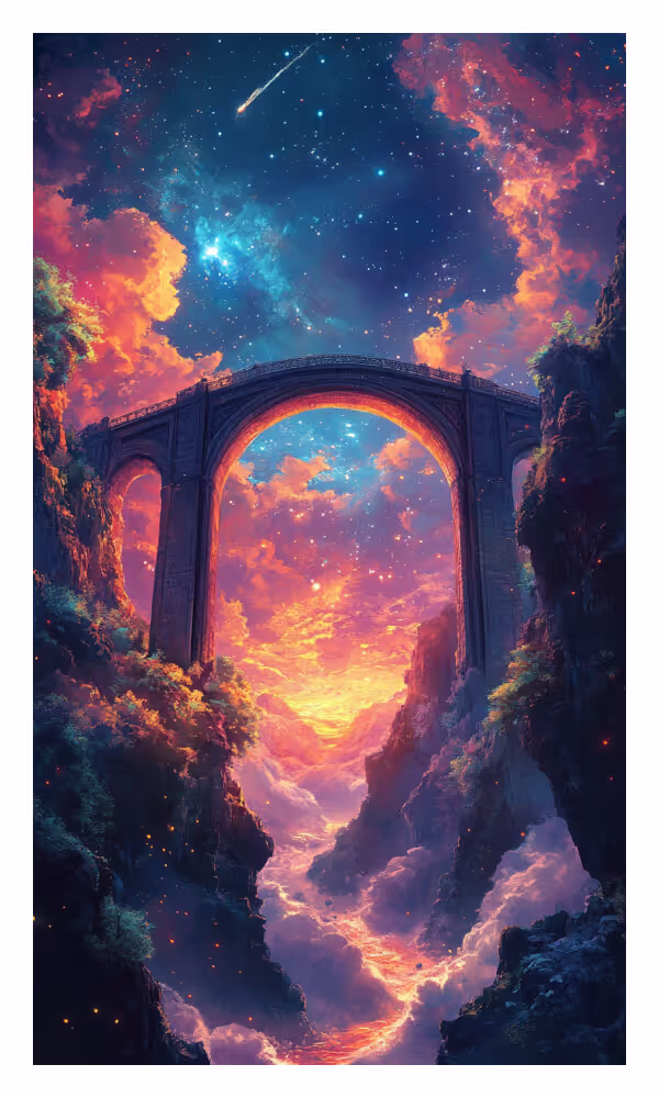 The Bridge Universe Card - A celestial bridge under a vibrant sunset sky, symbolizing divine connections, spiritual pathways, and integration of higher wisdom into daily life.