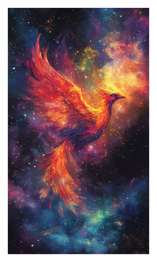 The Phoenix Universe Card - A radiant, fiery Phoenix rising in cosmic light, symbolizing transformation, spiritual renewal, and the power of rebirth.
