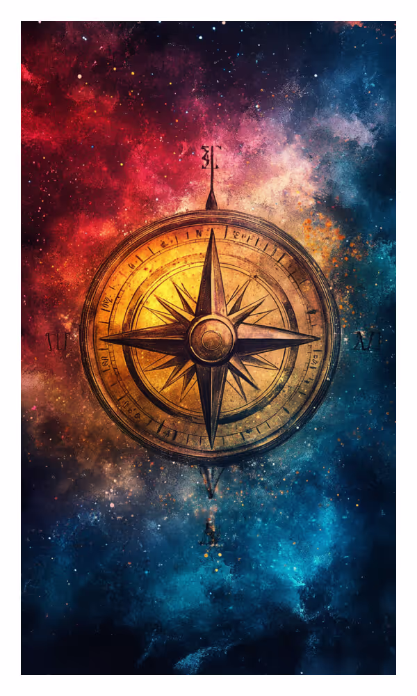 The Compass Universe Card - A glowing celestial compass against a cosmic background, symbolizing divine direction, perfect timing, and alignment with the Universe.