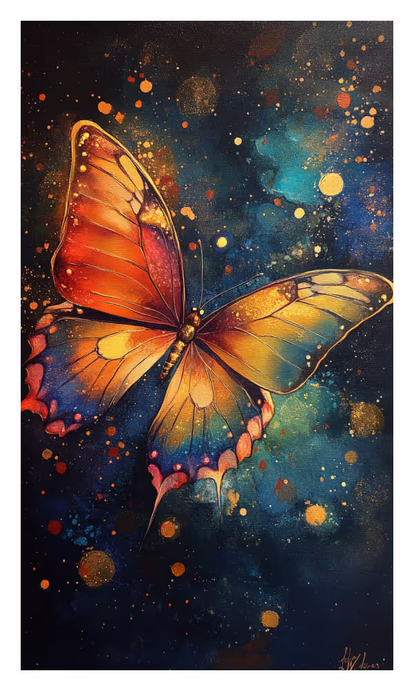The Butterfly Universe Card - A vibrant butterfly glowing against a cosmic backdrop, symbolizing transformation, spiritual evolution, and graceful metamorphosis.