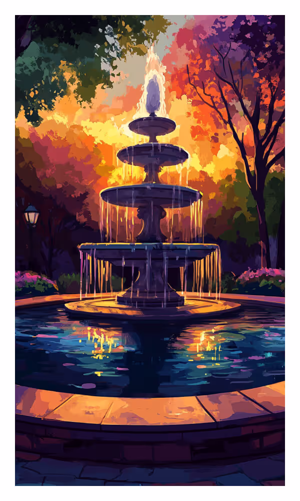 The Fountain Universe Card - A radiant fountain glowing under a colorful sky, symbolizing infinite abundance, divine flow, and continuous blessings from the Universe.
