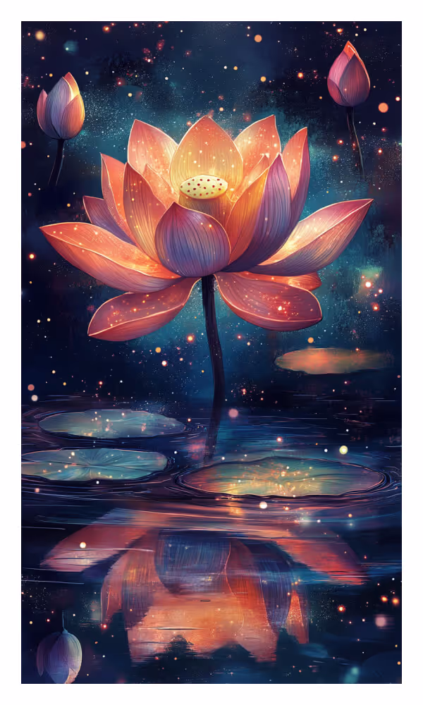 The Lotus Universe Card - A glowing lotus flower blooming in serene waters under a cosmic sky, symbolizing spiritual awakening, divine timing, and graceful expansion.