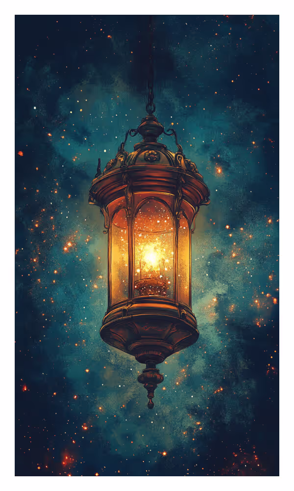 The Lantern Universe Card - A radiant lantern glowing in the cosmic night, symbolizing divine guidance, ancient wisdom, and illuminated clarity on life's path.