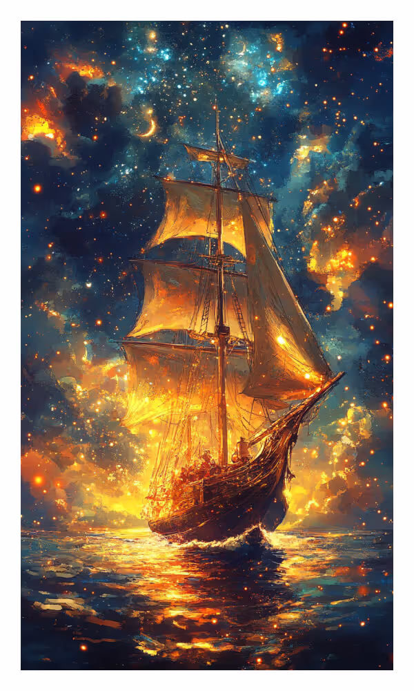 The Vessel Universe Card - A luminous golden ship sailing across celestial waters, symbolizing divine abundance and infinite blessings.