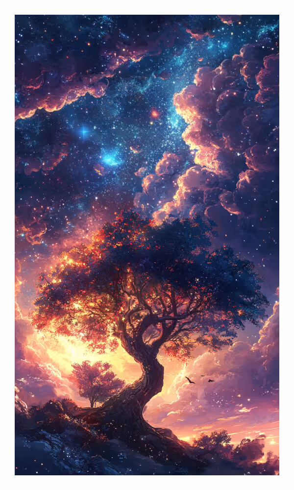 The Sanctuary Universe Card - A majestic tree illuminated by celestial light under a vibrant cosmic sky, symbolizing sacred space, divine protection, and inner peace.