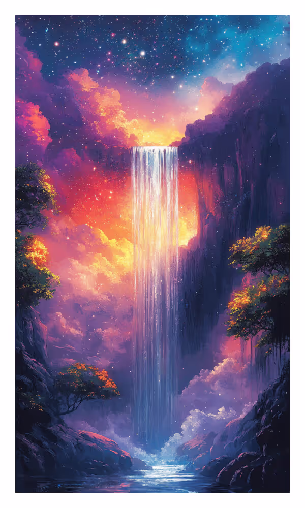 The Waterfall Universe Card - A radiant waterfall cascading from a vibrant celestial sky, symbolizing spiritual cleansing, renewal, and divine grace.