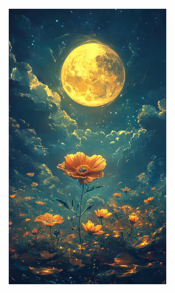 The Moonflower Universe Card - A radiant moon illuminating a mystical garden of glowing moonflowers, symbolizing divine timing, hidden wisdom, and magical revelations.