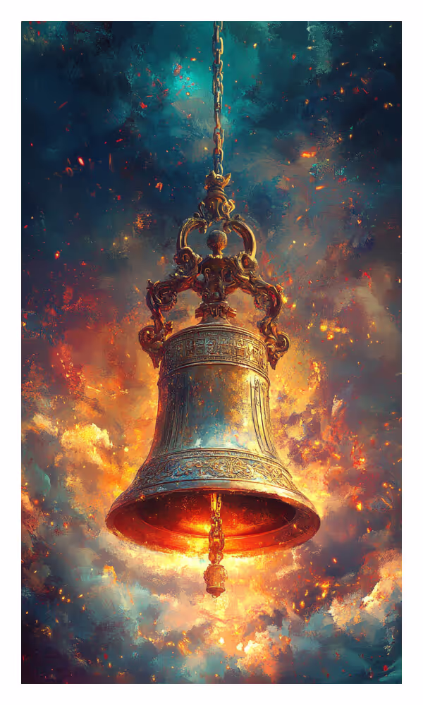 The Bell Universe Card - An ornate bell glowing with warm light, suspended in a mystical sky, symbolizing awakening, divine remembrance, and celestial harmony.