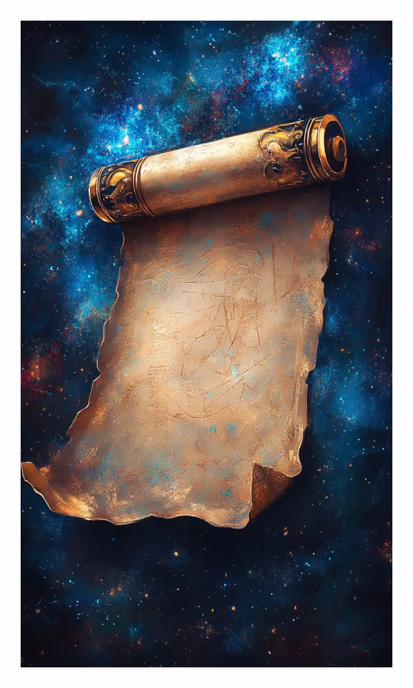 The Scroll Universe Card - A golden scroll unrolled against a cosmic background, symbolizing ancient wisdom, divine truths, and revelations unfolding.