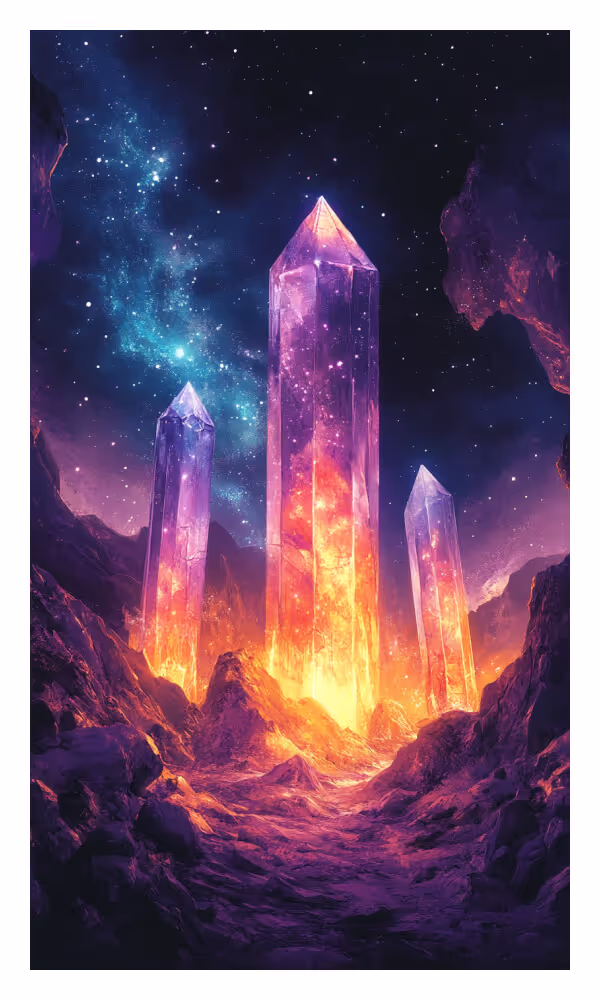 The Cave Universe Card - A mystical cave illuminated by glowing crystalline formations, symbolizing inner exploration, hidden wisdom, and profound spiritual discovery.