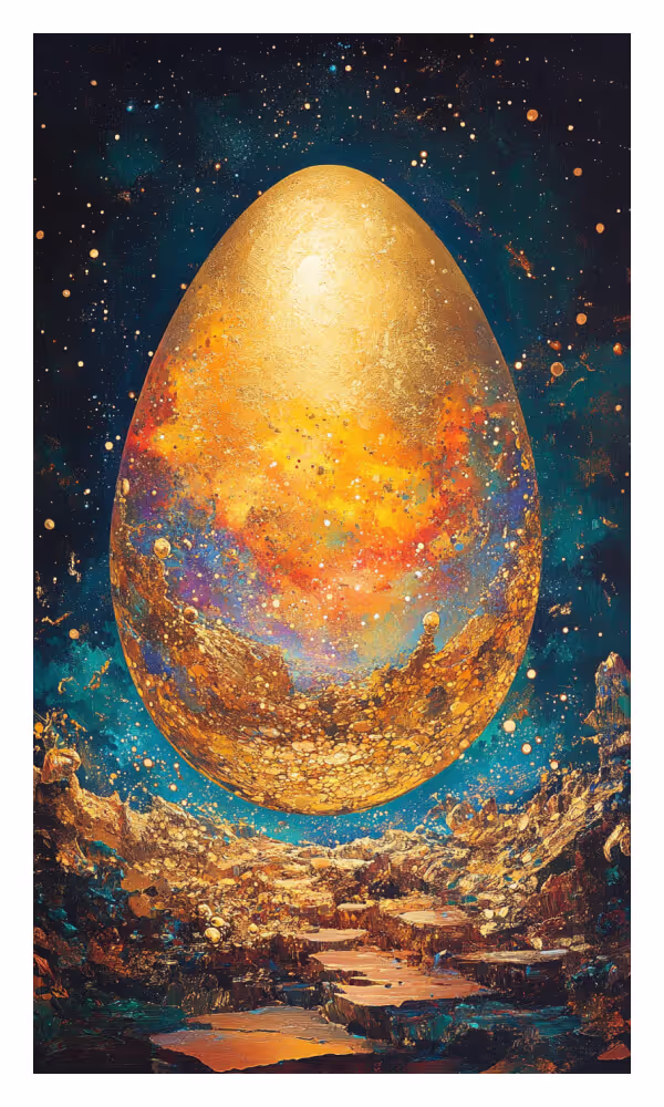 The Egg Universe Card - A radiant golden egg glowing against a cosmic backdrop, symbolizing new beginnings, infinite potential, and untapped possibilities.