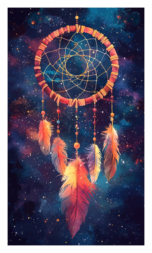 The Dreamcatcher Universe Card - A glowing dreamcatcher with vibrant feathers hanging against a starry cosmic backdrop, symbolizing divine vision, clarity, and spiritual discernment.