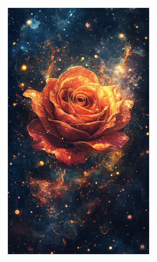 The Rose Universe Card - A radiant rose glowing with celestial light against a cosmic background, symbolizing divine love, heart awakening, and grace.