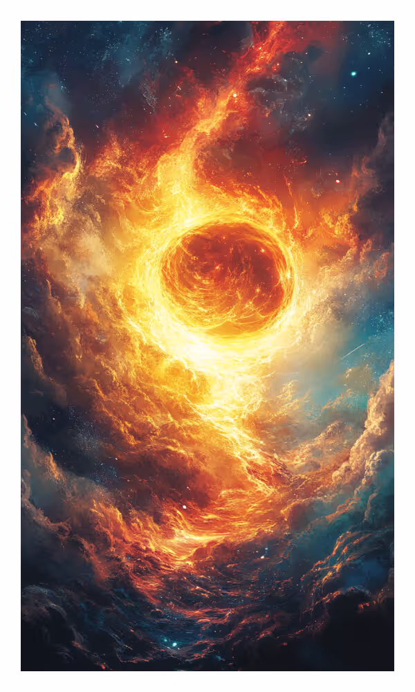 The Flame Universe Card - A radiant, golden flame spiraling upward amidst a cosmic backdrop, symbolizing spiritual passion, divine inspiration, and the illumination of purpose.