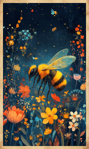 A bee collecting nectar from a flower, representing hard work, harmony, and abundance.