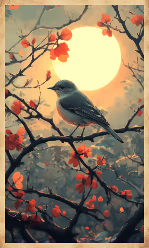 A bird perched on a branch singing at sunrise, signifying renewal and the promise of a new day.