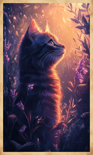 A beautiful cat crossing a quiet path at twilight, symbolizing intuition, mystery, and balance.