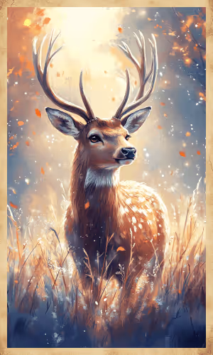 A deer standing gracefully in a forest, representing gentleness, intuition, and harmony.