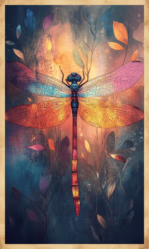 A shimmering dragonfly hovering over a pond, symbolizing transformation and intuition.