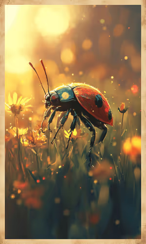 A red ladybug crawling on a leaf, representing luck, joy, and harmony.