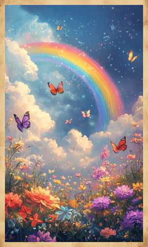 A vibrant rainbow arching across the sky, symbolizing hope, harmony, and renewal.