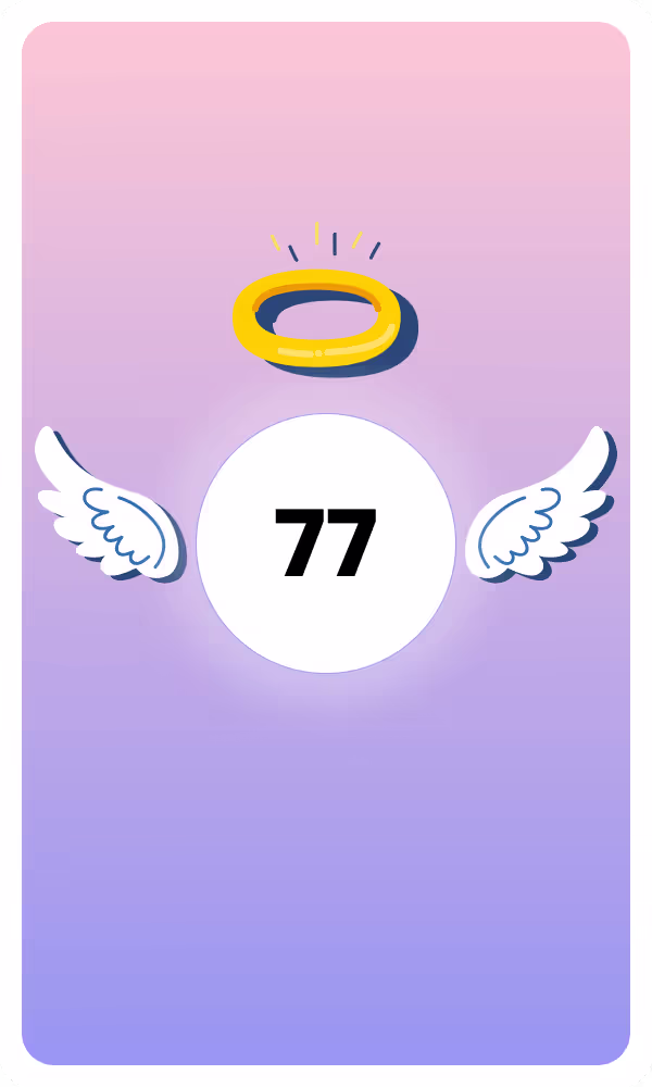 Illustration of Angel Number 77 with wings and a halo, symbolizing divine guidance and spiritual insight.